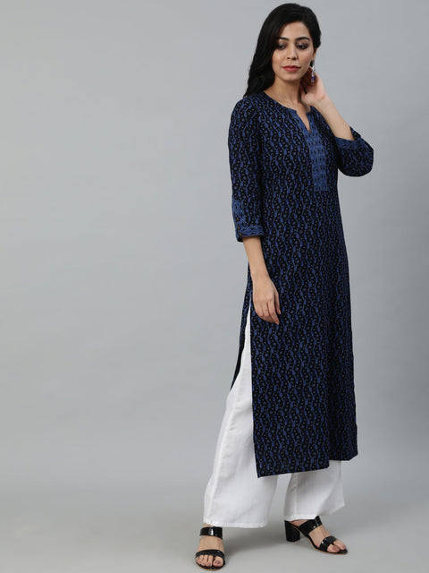 Women Black Printed Straight Kurta With Three Quarter Sleeves