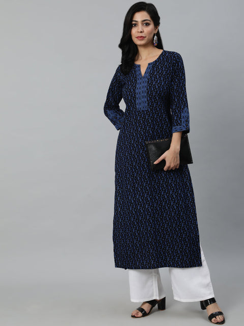 Women Black Printed Straight Kurta With Three Quarter Sleeves