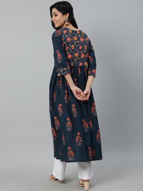 Women Blue And Pink Floral Ethnic A-line Midi Dress