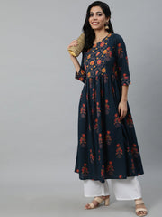 Women Blue And Pink Floral Ethnic A-line Midi Dress
