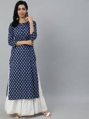 Women Navy Blue Ethnic Printed Straight Kurta With Three Quarter Sleeves