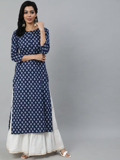 Women Navy Blue Ethnic Printed Straight Kurta With Three Quarter Sleeves