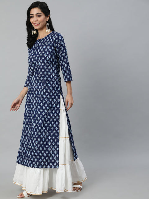 Women Navy Blue Ethnic Printed Straight Kurta With Three Quarter Sleeves