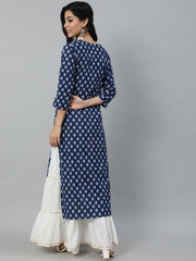 Women Navy Blue Ethnic Printed Straight Kurta With Three Quarter Sleeves
