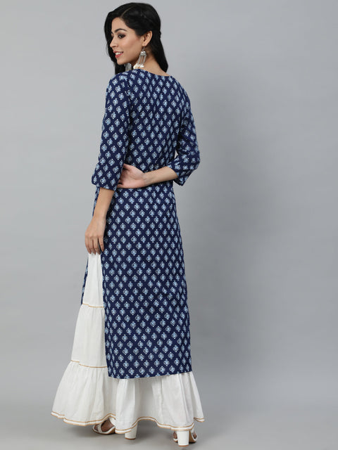 Women Navy Blue Ethnic Printed Straight Kurta With Three Quarter Sleeves