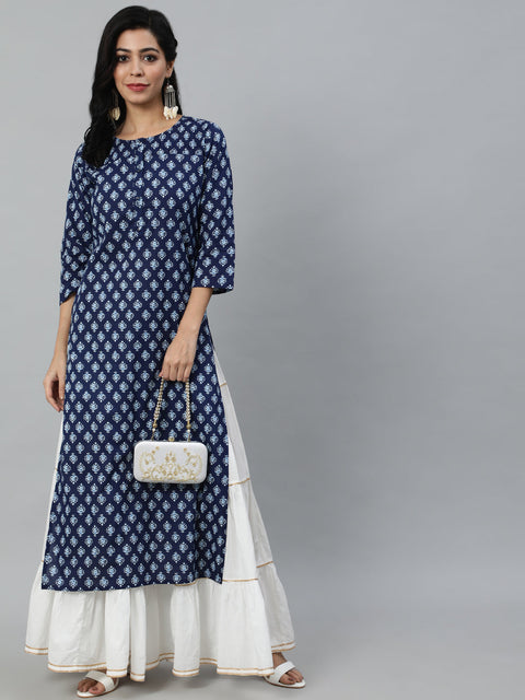 Women Navy Blue Ethnic Printed Straight Kurta With Three Quarter Sleeves