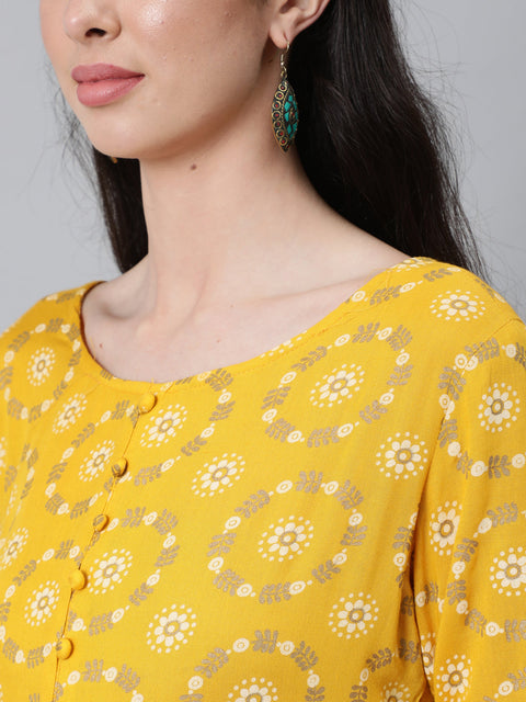 Women Yellow Ethnic Printed Flared Dress With Three Quarter Sleeves