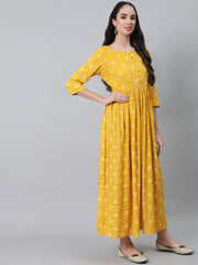 Women Yellow Ethnic Printed Flared Dress With Three Quarter Sleeves