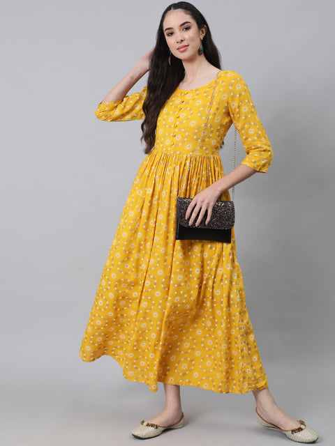 Women Yellow Ethnic Printed Flared Dress With Three Quarter Sleeves