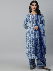 Women Blue Ethnic Motifs Printed Pleated Pure Cotton Kurta with Palazzos & Dupatta