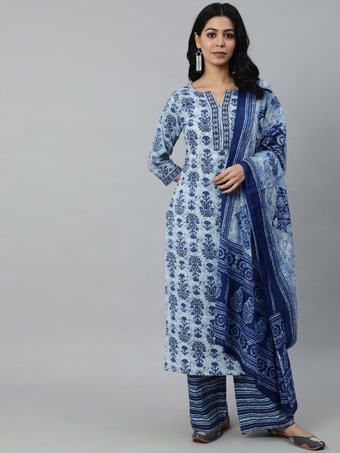 Women Blue Ethnic Motifs Printed Pleated Pure Cotton Kurta with Palazzos & Dupatta