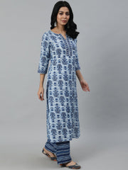 Women Blue Ethnic Motifs Printed Pleated Pure Cotton Kurta with Palazzos & Dupatta