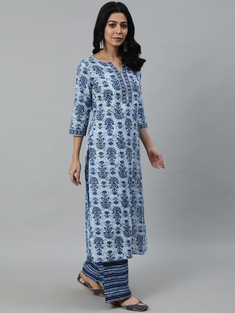 Women Blue Ethnic Motifs Printed Pleated Pure Cotton Kurta with Palazzos & Dupatta