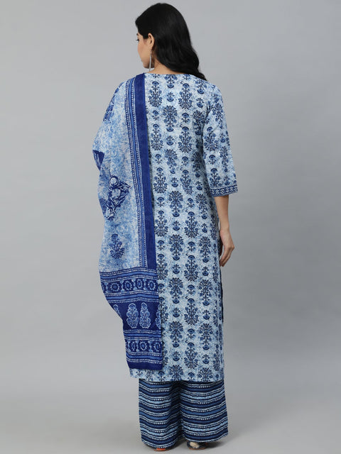 Women Blue Ethnic Motifs Printed Pleated Pure Cotton Kurta with Palazzos & Dupatta