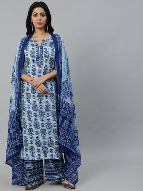 Women Blue Ethnic Motifs Printed Pleated Pure Cotton Kurta with Palazzos & Dupatta
