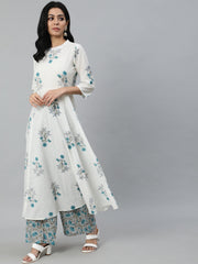 Women Off-White Printed Flared Kurta With Trouser & Dupatta