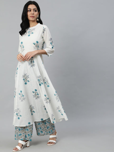 Women Off-White Printed Flared Kurta With Trouser & Dupatta