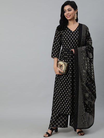 Women Black Ethnic Printed Straight Kurta With Palazzo & Dupatta