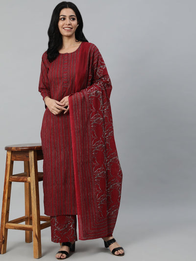 Women Maroon Striped Pure Cotton Kurta with Palazzos & Dupatta