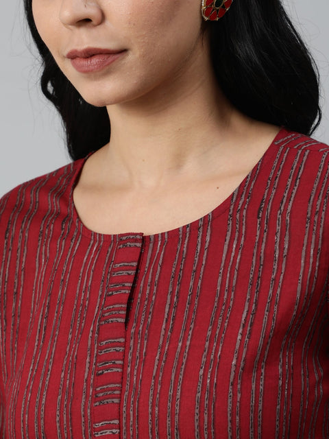 Women Maroon Striped Pure Cotton Kurta with Palazzos & Dupatta