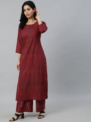 Women Maroon Striped Pure Cotton Kurta with Palazzos & Dupatta