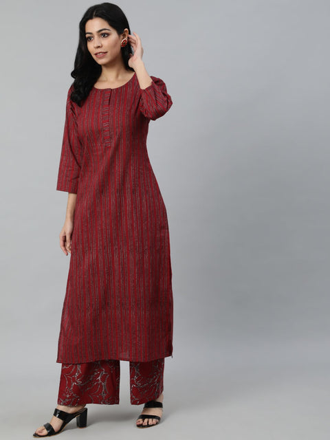Women Maroon Striped Pure Cotton Kurta with Palazzos & Dupatta