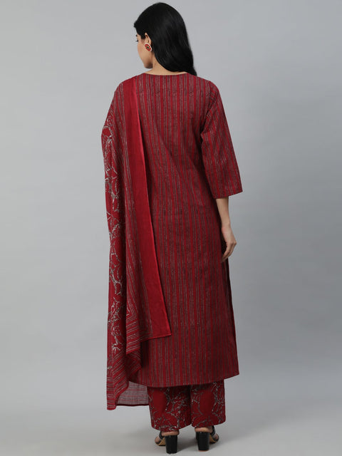 Women Maroon Striped Pure Cotton Kurta with Palazzos & Dupatta