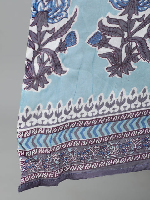 Women Blue Printed Straight Kurta With Plazo & Dupatta