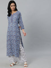 Women Blue Printed Straight Kurta With Plazo & Dupatta