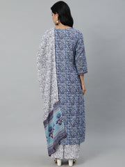 Women Blue Printed Straight Kurta With Plazo & Dupatta
