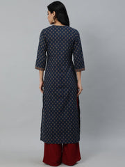 Women Navy Blue Ethnic Printed Straight kurta With Three Quarter Sleeves