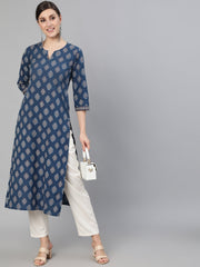 Women Blue Ethnic Printed Straight Kurta With Three Quarter Sleeves