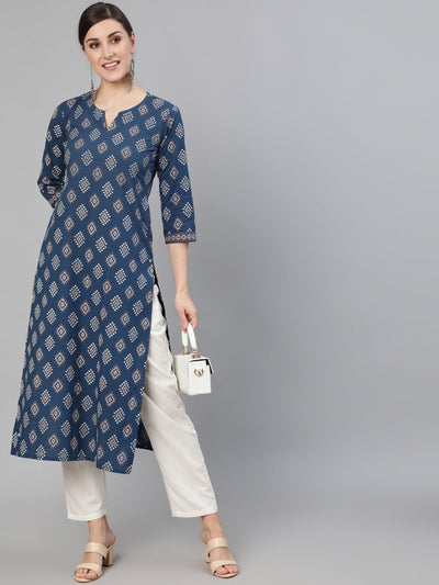 Women Blue Ethnic Printed Straight Kurta With Three Quarter Sleeves