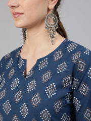 Women Blue Ethnic Printed Straight Kurta With Three Quarter Sleeves
