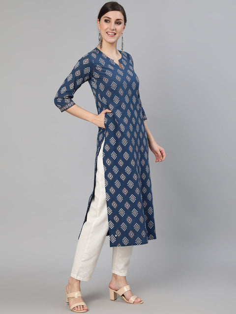 Women Blue Ethnic Printed Straight Kurta With Three Quarter Sleeves