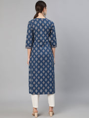 Women Blue Ethnic Printed Straight Kurta With Three Quarter Sleeves