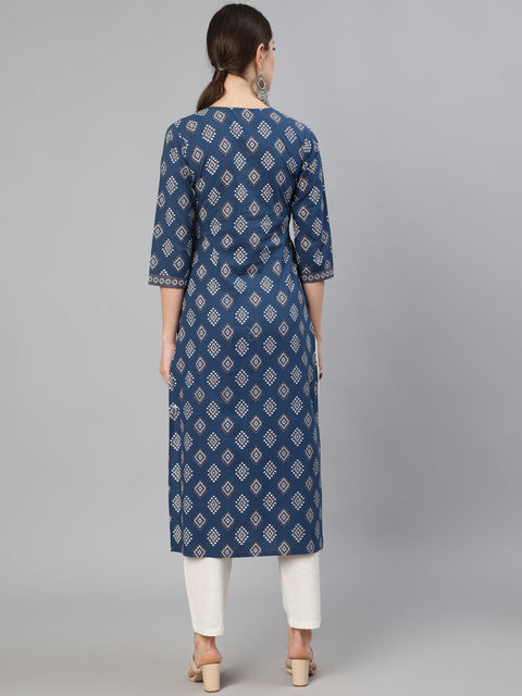 Women Blue Ethnic Printed Straight Kurta With Three Quarter Sleeves