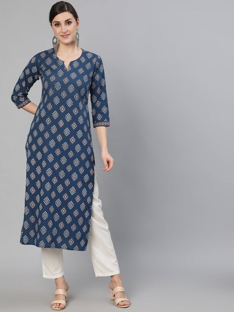 Women Blue Ethnic Printed Straight Kurta With Three Quarter Sleeves