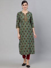 Women Blue Printed Straight Kurta With Three Quarter Sleeves
