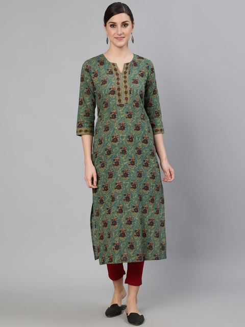 Women Blue Printed Straight Kurta With Three Quarter Sleeves