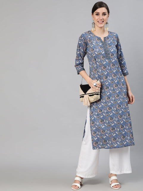 Women Blue & Beige Floral Printed Straight Kurta