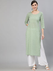 Women Sage Green Printed Straight Kurta With Three Quarter Sleevs