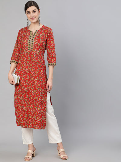 Women Red Floral Printed  Straight Kurta With Three Quarter Sleeves