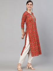 Women Red Floral Printed  Straight Kurta With Three Quarter Sleeves
