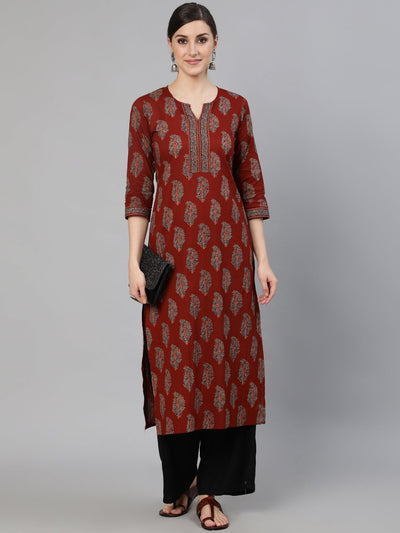 Women Maroon Printed Straight Kurta With Three Quarter Sleeves