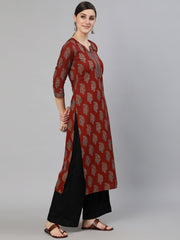 Women Maroon Printed Straight Kurta With Three Quarter Sleeves