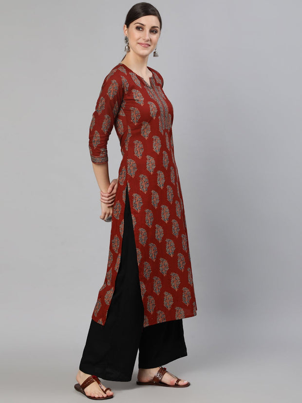 Women Maroon Printed Straight Kurta With Three Quarter Sleeves
