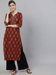Women Maroon Printed Straight Kurta With Three Quarter Sleeves