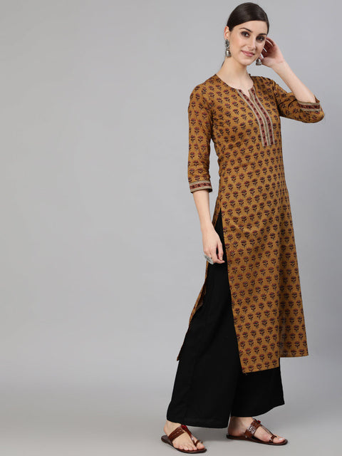 Women Brown Ethnic Motifs Printed Straight Kurta With Three Quarter Sleeves