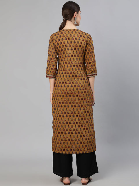 Women Brown Ethnic Motifs Printed Straight Kurta With Three Quarter Sleeves